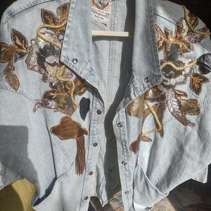 Embellished Vintage Denim Jacket with Leather And Lame Floral Embroidery